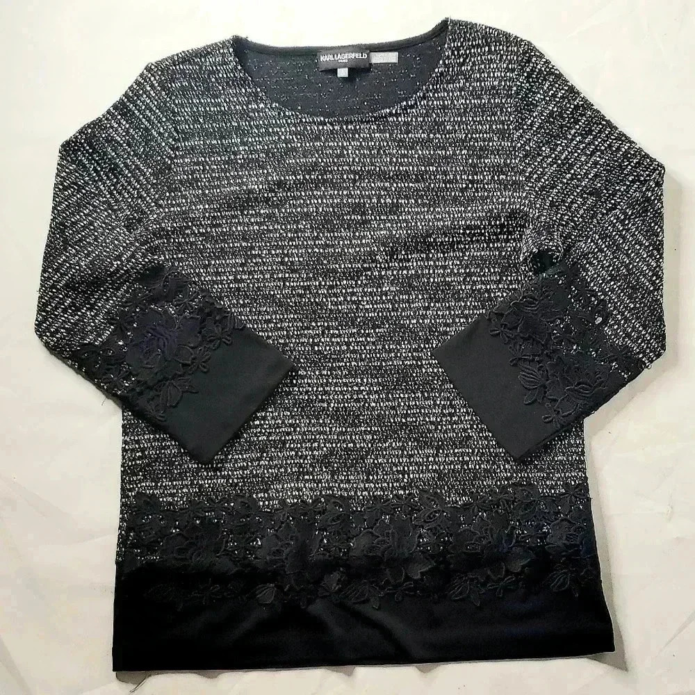 Karl lagerfeld W Black& white Lace detailed Formal Blouse Sz S